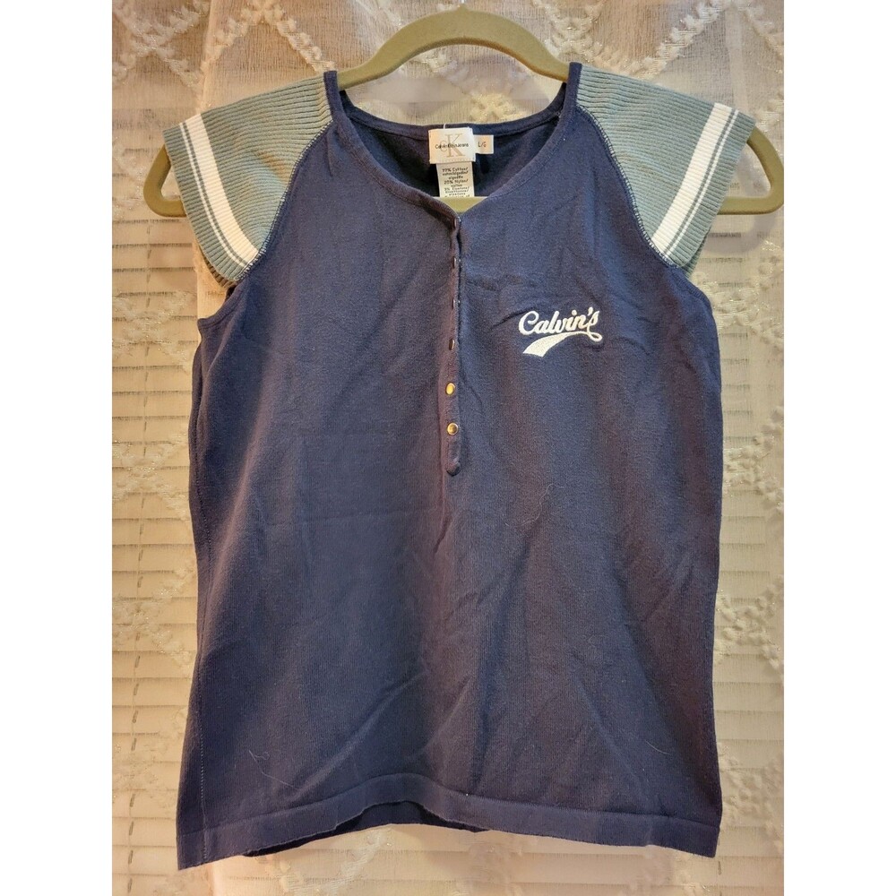 Calvin Klein Jeans Womens Large Navy Blue Ribbed Sleeve Henley Top Y2K Vintage